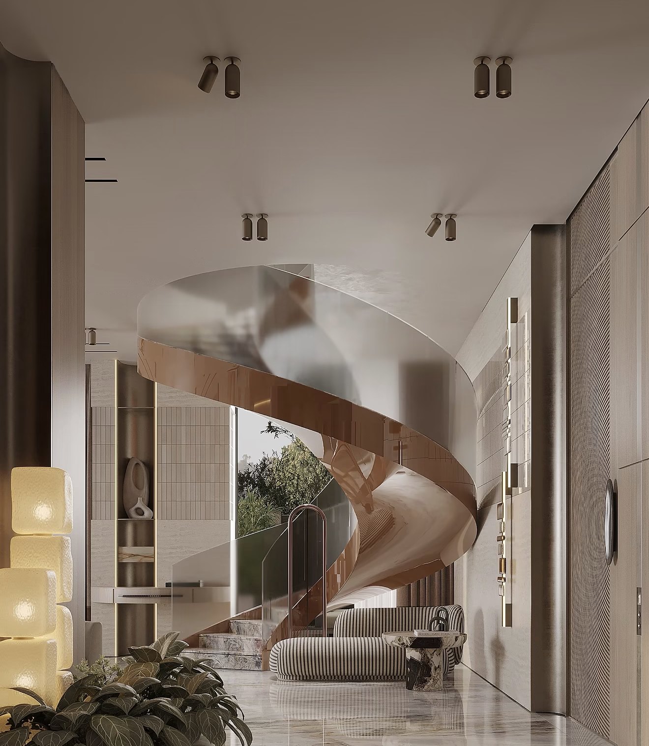 A living space with timber details and a curved staircase
