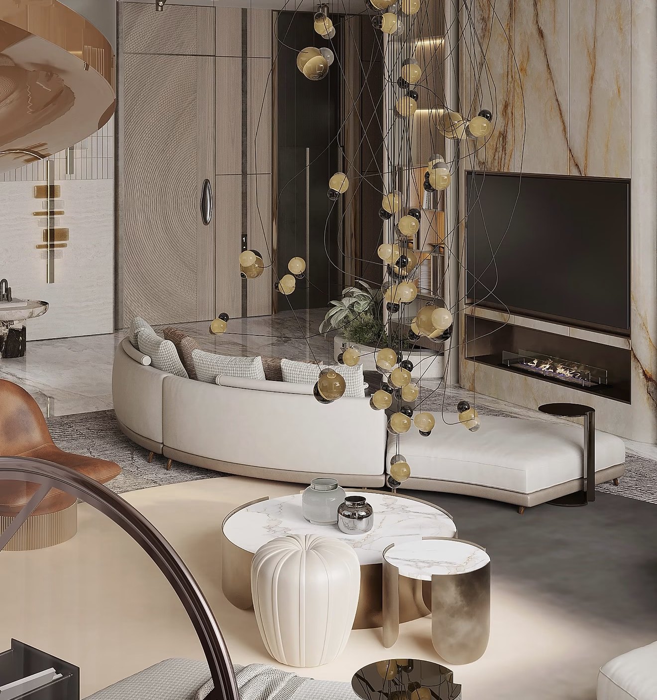 A living space with curved furniture, pendant lighting and stone details