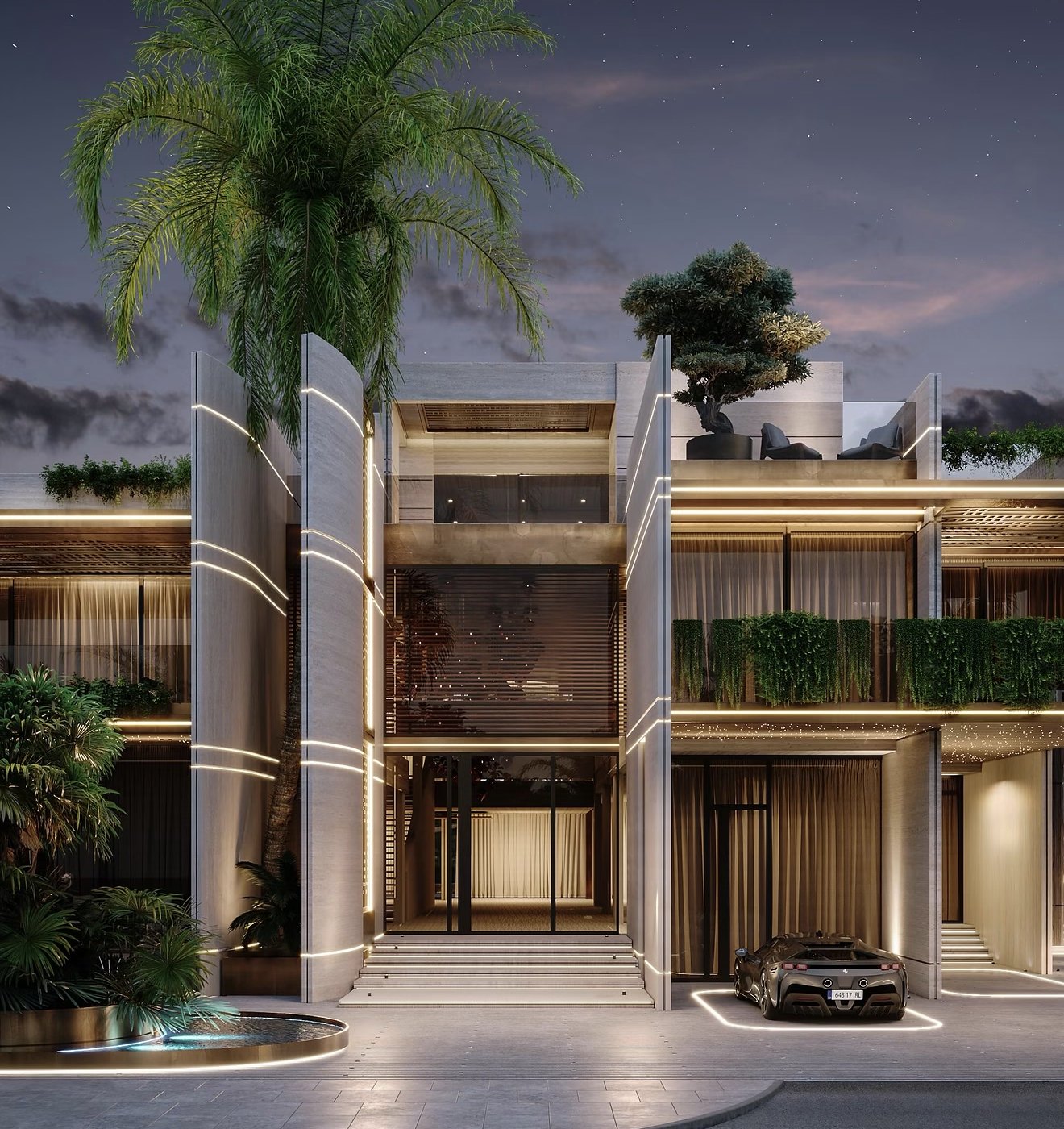 An architectural facade with night lighting and palm trees
