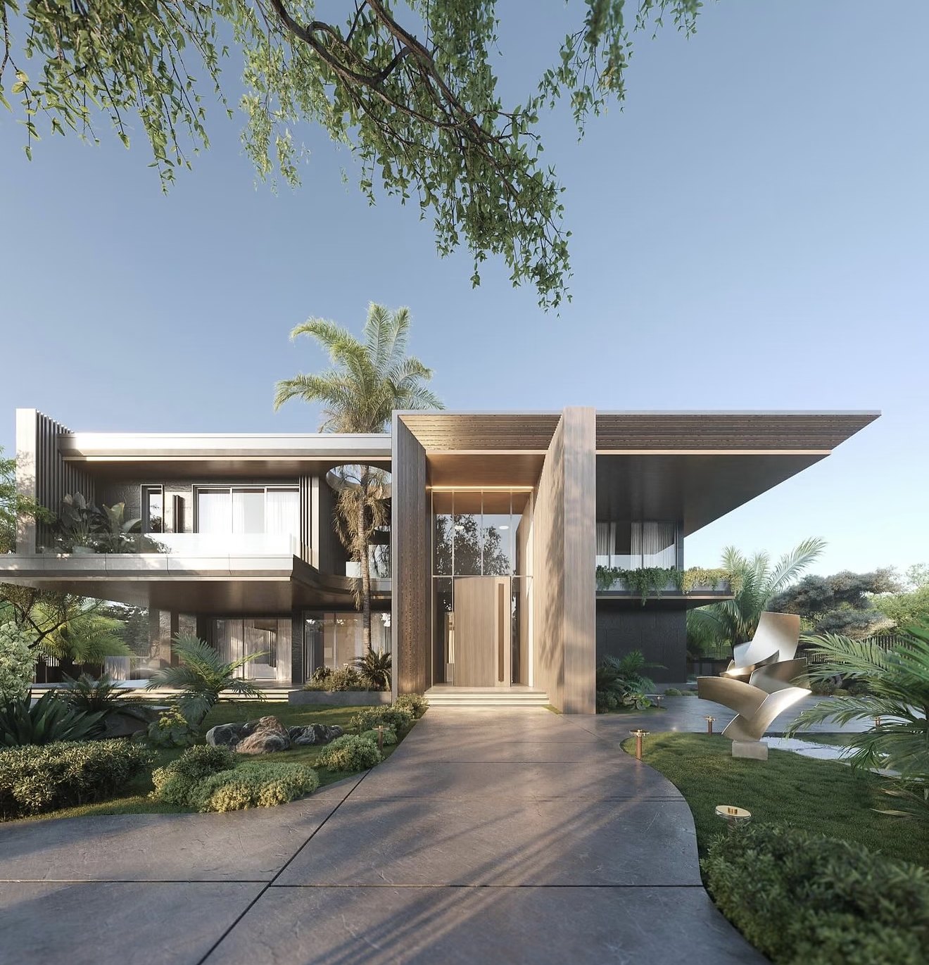 A residential composition with glazed facades and a garden